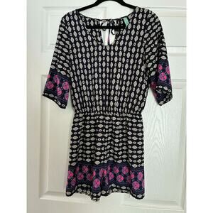 Gilli Navy Pink Boho Print Romper Small Tie Back Elastic Waist 3/4Sleeve